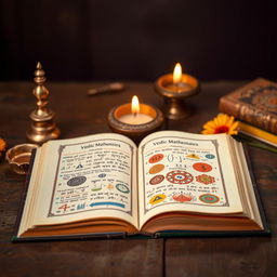 An open book showcasing 'Vedic Mathematics Volume 2', with rich, colorful illustrations of mathematical concepts and Vedic symbols on its pages