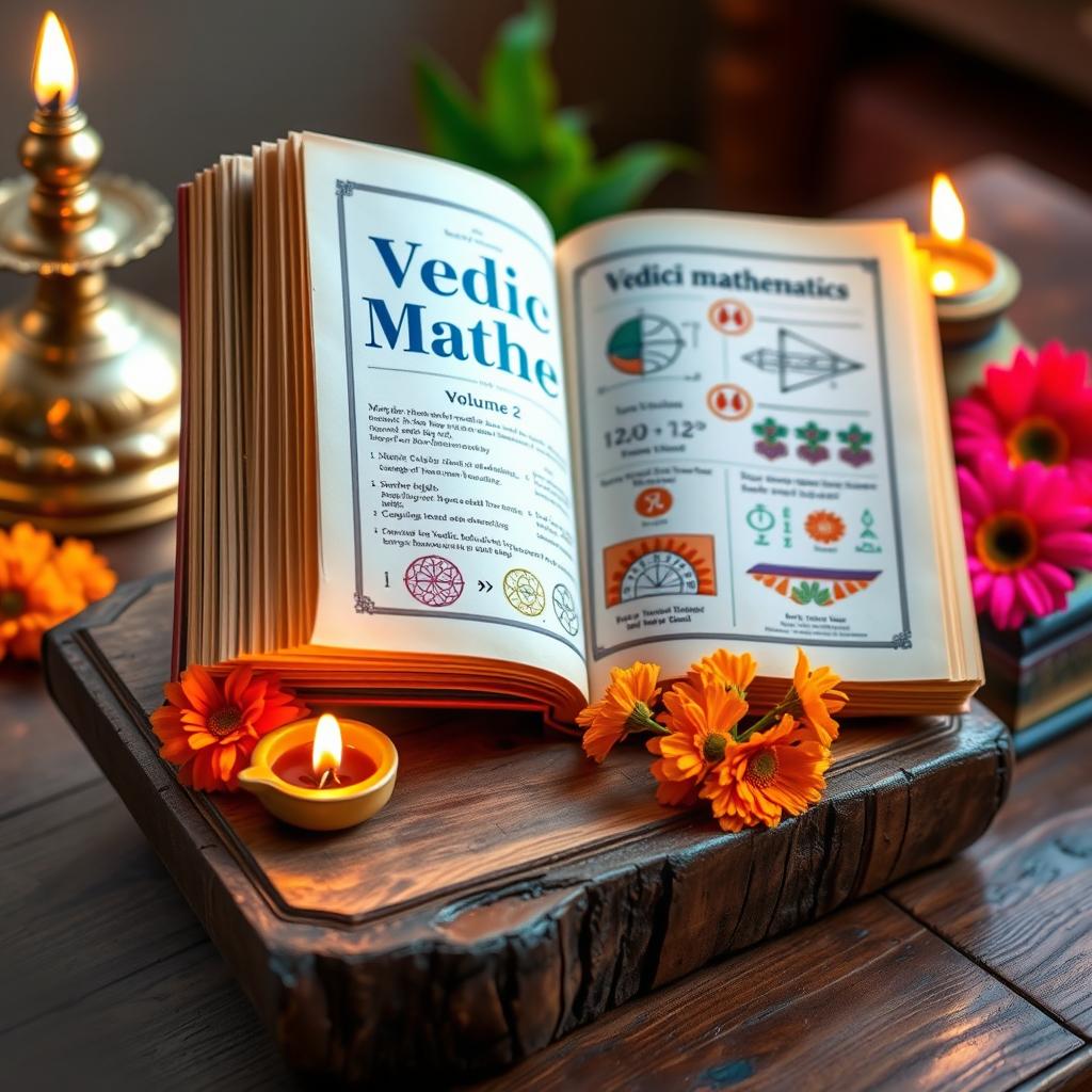 An open book showcasing 'Vedic Mathematics Volume 2', with rich, colorful illustrations of mathematical concepts and Vedic symbols on its pages