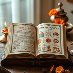 An open book showcasing 'Vedic Mathematics Volume 2', with rich, colorful illustrations of mathematical concepts and Vedic symbols on its pages
