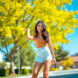 A playful scene featuring a confident young woman posing for a photograph in a bright, sunny outdoor setting