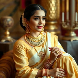 A woman sitting elegantly, wearing a luxurious light golden and white traditional saree