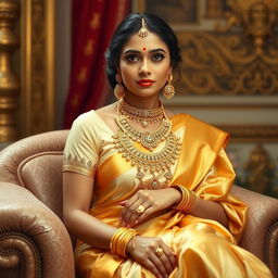 A woman sitting elegantly, wearing a luxurious light golden and white traditional saree