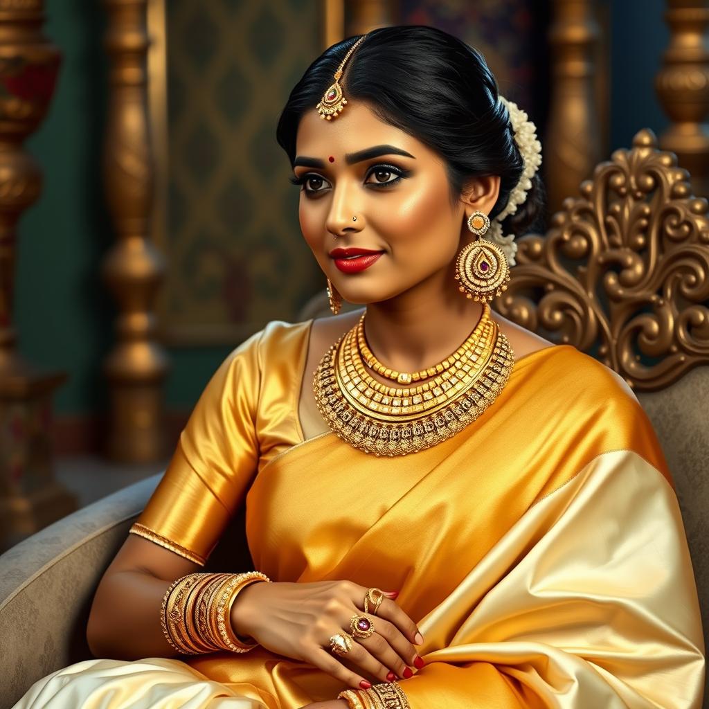 A woman sitting elegantly, wearing a luxurious light golden and white traditional saree