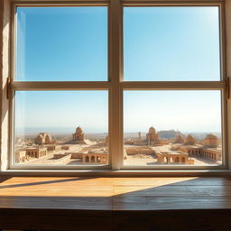 An empty wooden table set near a large window, offering a stunning view of Syrian monuments