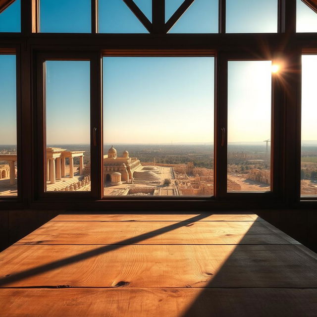 An empty wooden table set near a large window, offering a stunning view of Syrian monuments