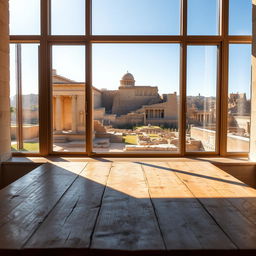 An empty wooden table set near a large window, offering a stunning view of Syrian monuments