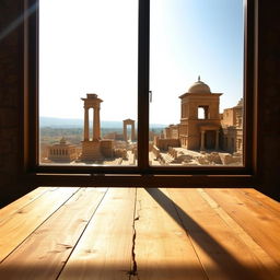 An empty wooden table set near a large window, offering a stunning view of Syrian monuments