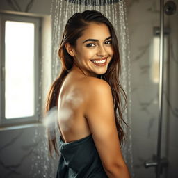 A tasteful and artistic representation of a young woman in a contemporary bathroom, standing under the shower with soft, flowing water cascading down