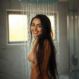 A tasteful and artistic representation of a young woman in a contemporary bathroom, standing under the shower with soft, flowing water cascading down