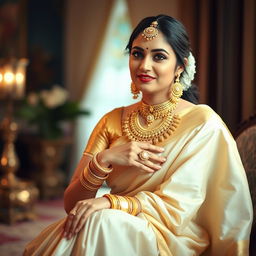 A woman sitting gracefully, wearing an elegant light golden and white expensive saree in a traditional style