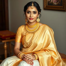 A woman sitting gracefully, wearing an elegant light golden and white expensive saree in a traditional style