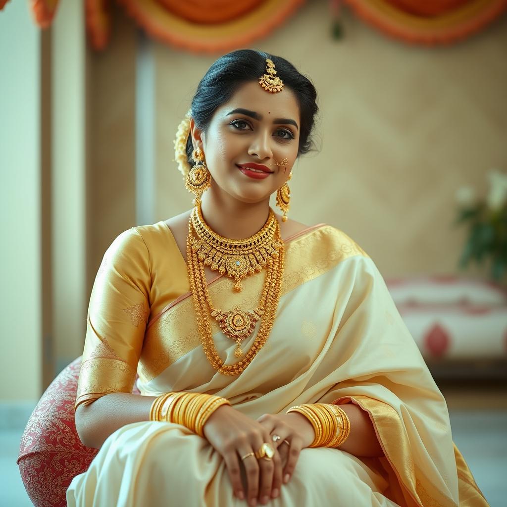 A woman sitting gracefully, wearing an elegant light golden and white expensive saree in a traditional style