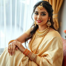 A woman sitting gracefully, wearing an elegant light golden and white expensive saree in a traditional style