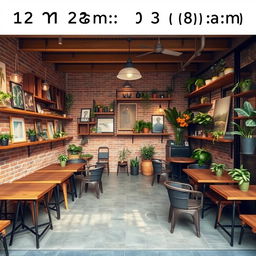 An outdoor coffee shop with a single wall background, measuring 20 meters in length and 3 meters in height, featuring a brick wall