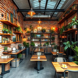 An outdoor coffee shop with a single wall background, measuring 20 meters in length and 3 meters in height, featuring a brick wall