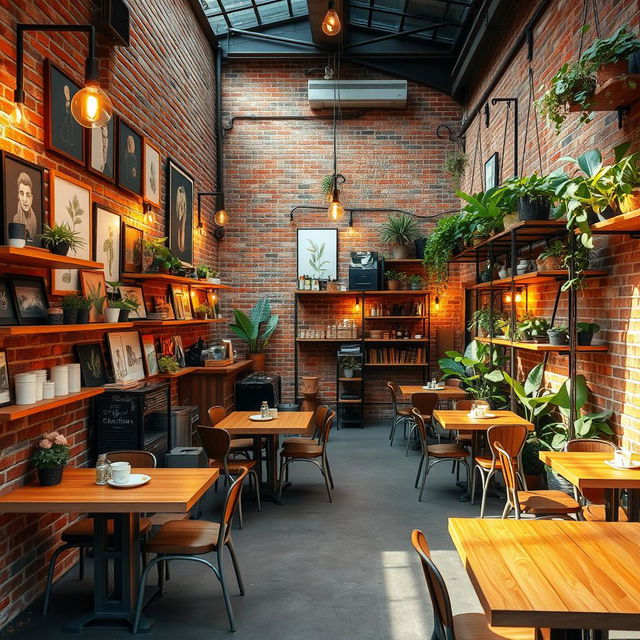 An outdoor coffee shop with a single wall background, measuring 20 meters in length and 3 meters in height, featuring a brick wall