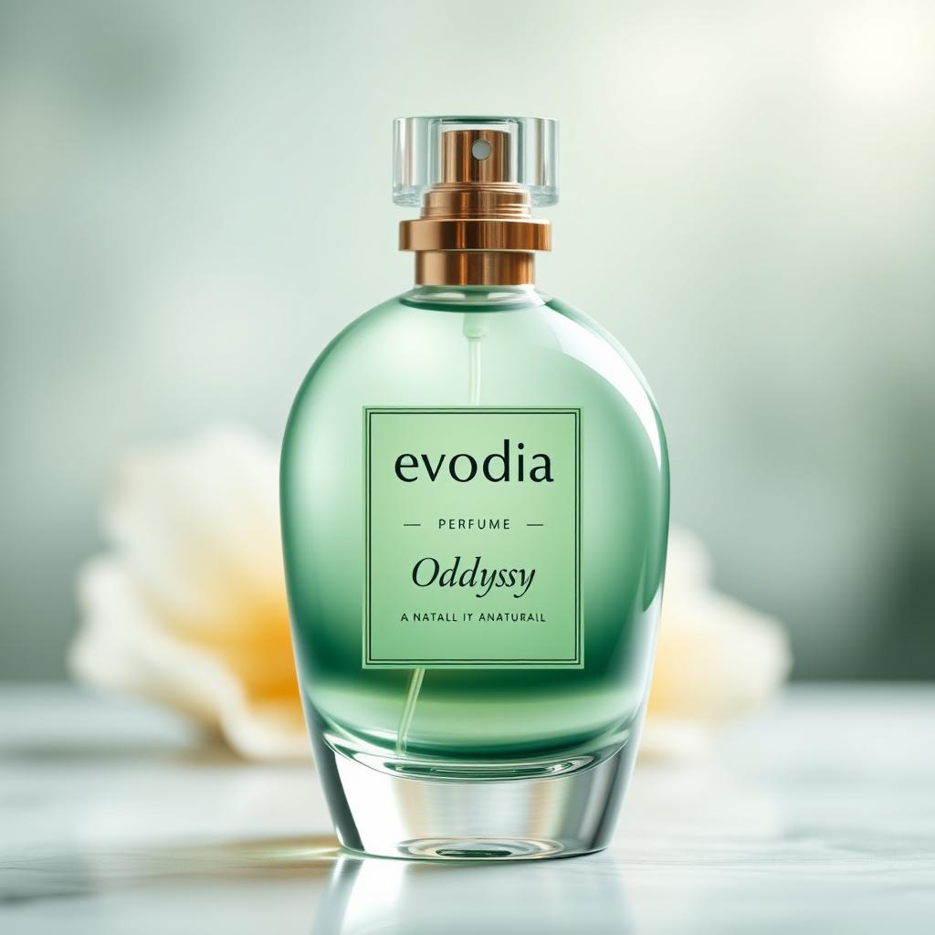 A stunning perfume bottle labeled 'Evodia Perfume' with the product name 'Oddyssy' elegantly displayed