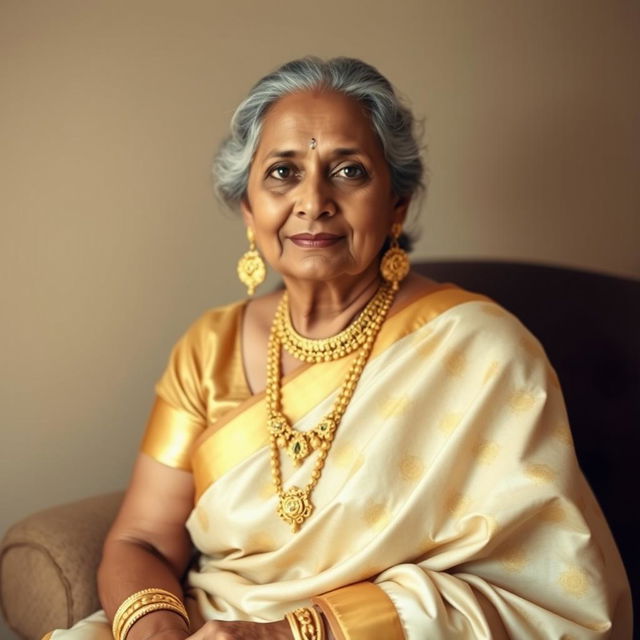 A 50-year-old woman sitting elegantly in a traditional yet modest pose