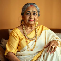 A 50-year-old woman sitting elegantly in a traditional yet modest pose