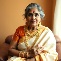 A 50-year-old woman sitting elegantly in a traditional yet modest pose