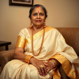 A 50-year-old woman sitting elegantly in a traditional yet modest pose