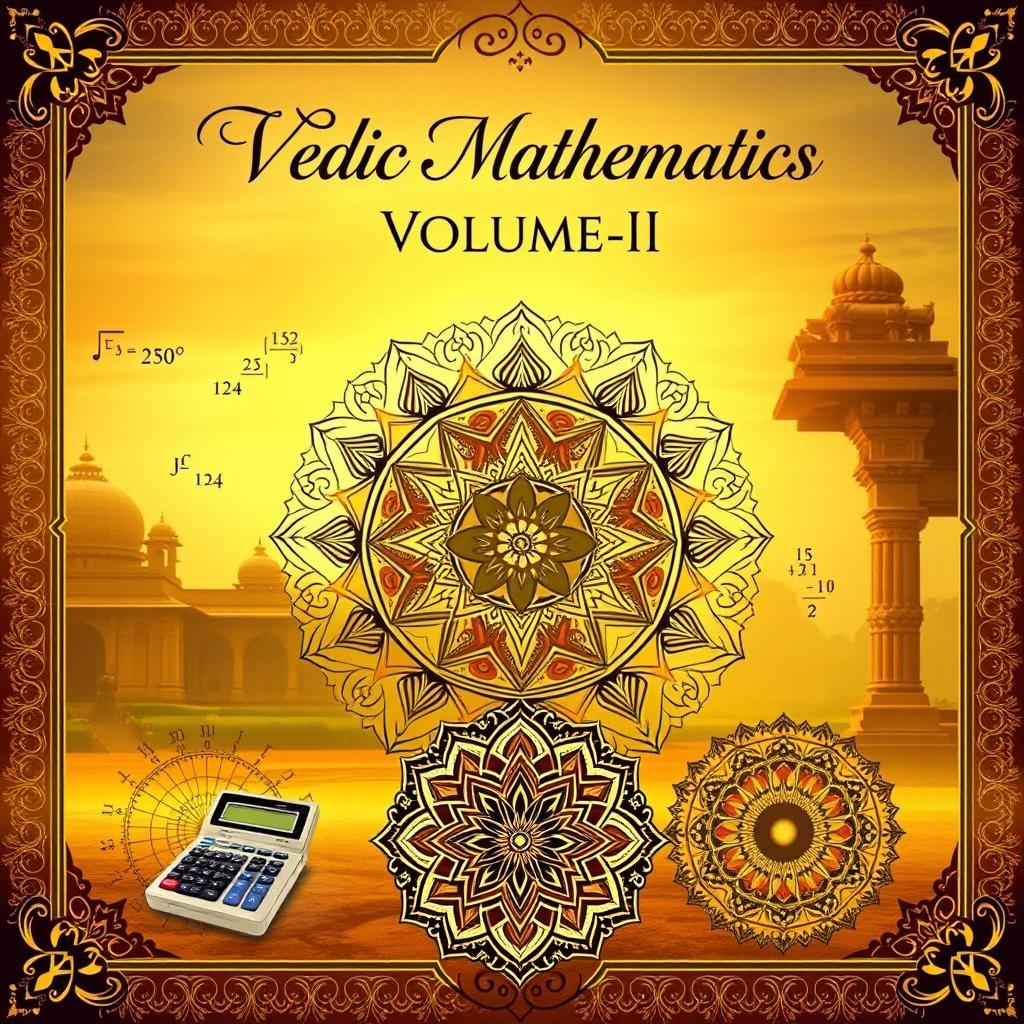 An artistic interpretation of Vedic Mathematics, Volume-II, featuring a serene background of ancient Indian architecture, showcasing the beauty of mathematical equations and symbols merging with elaborate patterns and designs reminiscent of traditional Indian art