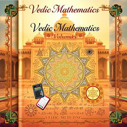 An artistic interpretation of Vedic Mathematics, Volume-II, featuring a serene background of ancient Indian architecture, showcasing the beauty of mathematical equations and symbols merging with elaborate patterns and designs reminiscent of traditional Indian art