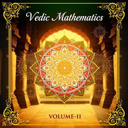 An artistic interpretation of Vedic Mathematics, Volume-II, featuring a serene background of ancient Indian architecture, showcasing the beauty of mathematical equations and symbols merging with elaborate patterns and designs reminiscent of traditional Indian art