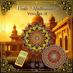An artistic interpretation of Vedic Mathematics, Volume-II, featuring a serene background of ancient Indian architecture, showcasing the beauty of mathematical equations and symbols merging with elaborate patterns and designs reminiscent of traditional Indian art