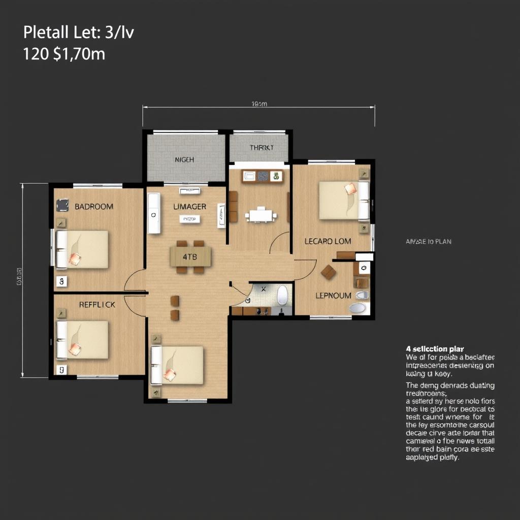 A detailed architectural plan of a 3-bedroom residential apartment with a total area of 120 square meters