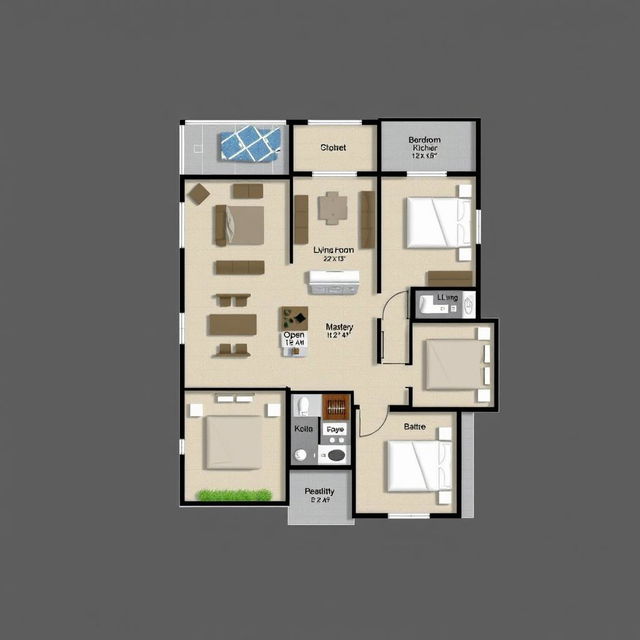 A detailed architectural plan of a 3-bedroom residential apartment with a total area of 120 square meters