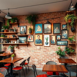 A beautiful outdoor café wall with a length of 20 meters and a height of 3 meters, featuring a brick facade