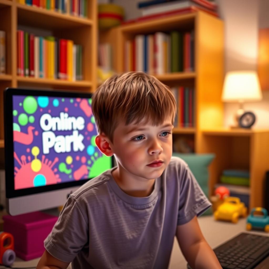 A young boy, deeply focused, sitting in front of a computer