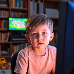 A young boy, deeply focused, sitting in front of a computer