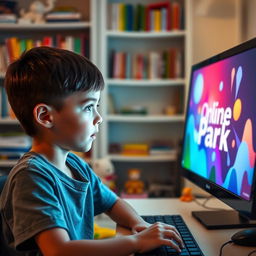 A young boy, deeply focused, sitting in front of a computer