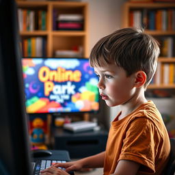 A young boy, deeply focused, sitting in front of a computer