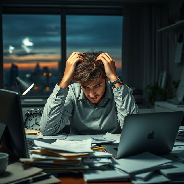 A person sitting at a cluttered office desk, looking overwhelmed and stressed