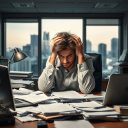 A person sitting at a cluttered office desk, looking overwhelmed and stressed