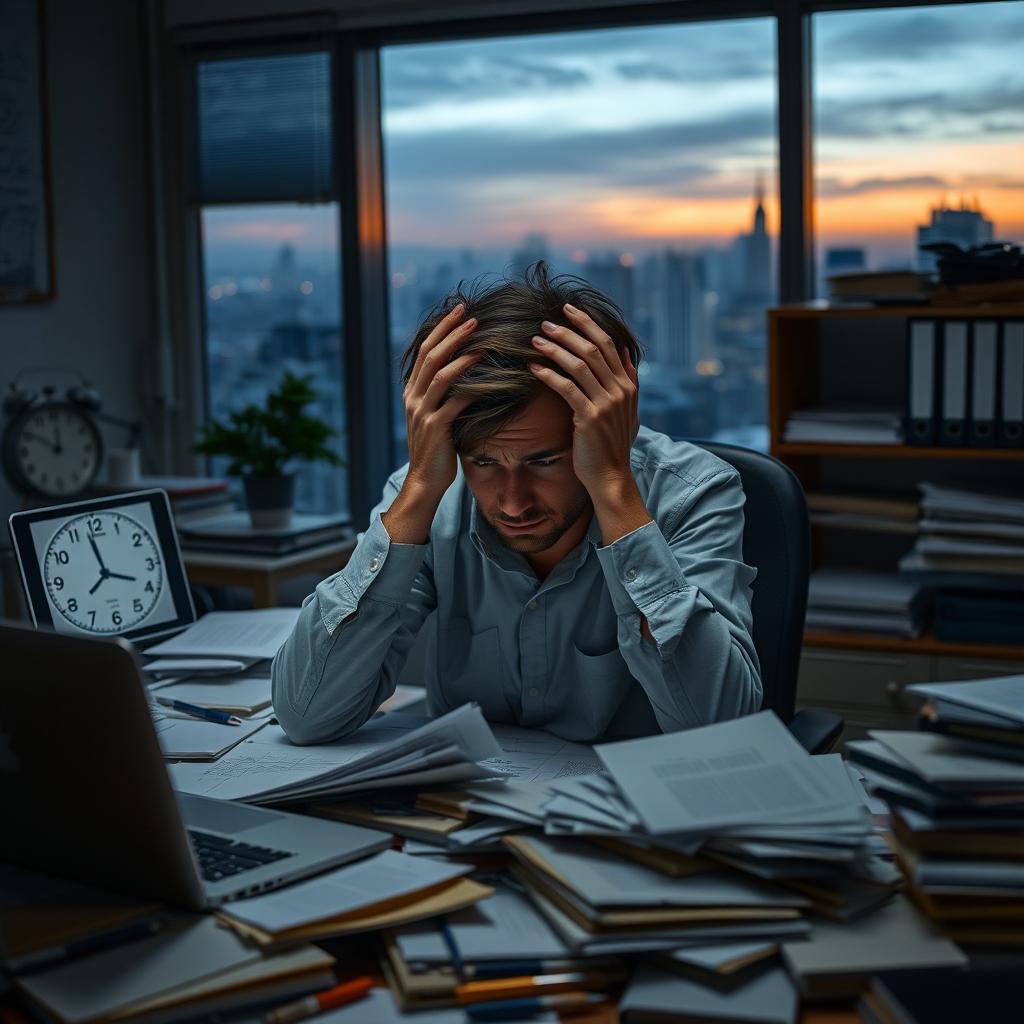 A person sitting at a cluttered office desk, looking overwhelmed and stressed