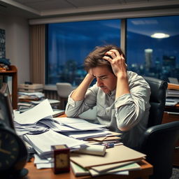 A person sitting at a cluttered office desk, looking overwhelmed and stressed