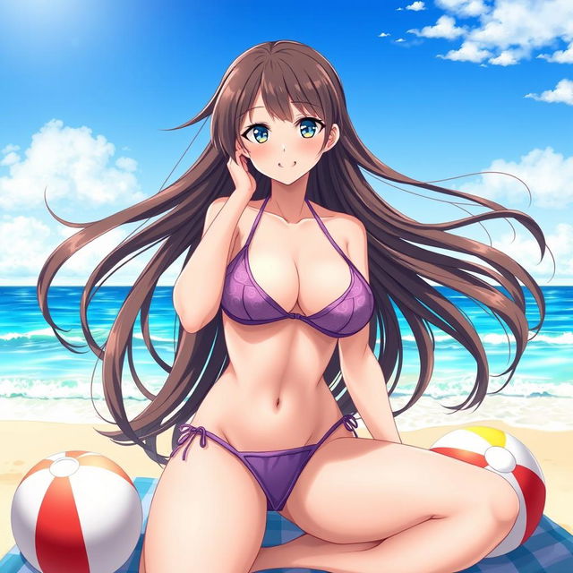 A beautiful sexy anime girl with long flowing hair, wearing a revealing bikini on a sunny beach