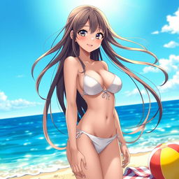 A beautiful sexy anime girl with long flowing hair, wearing a revealing bikini on a sunny beach