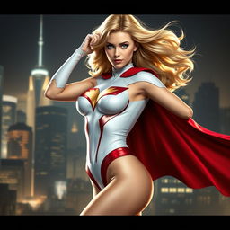 A photorealistic, high-quality image of the DC superheroine Power Girl, showcasing her in a seductive pose