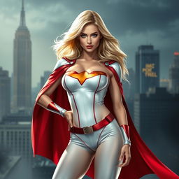 A photorealistic, high-quality image of the DC superheroine Power Girl, showcasing her in a seductive pose