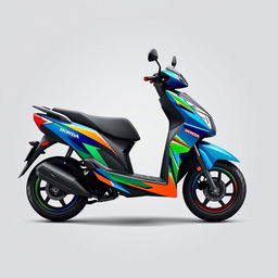 A creative and dynamic graphics design for a Honda Dio scooter, featuring vibrant colors and modern geometric patterns