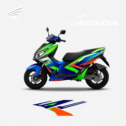 A creative and dynamic graphics design for a Honda Dio scooter, featuring vibrant colors and modern geometric patterns