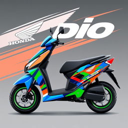 A creative and dynamic graphics design for a Honda Dio scooter, featuring vibrant colors and modern geometric patterns