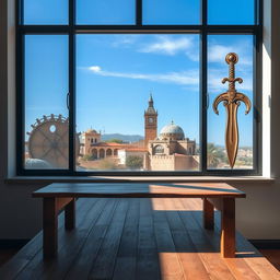 An empty wooden table positioned near a large window, which provides a captivating view of notable Syrian landmarks