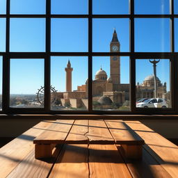 An empty wooden table positioned near a large window, which provides a captivating view of notable Syrian landmarks