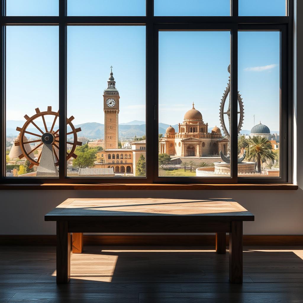 An empty wooden table positioned near a large window, which provides a captivating view of notable Syrian landmarks